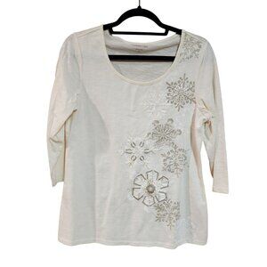 Coldwater Creek Womens Embellished Cream 3/4 Sleeve Top Size S